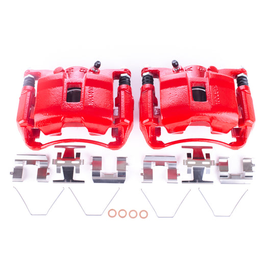 Pair of PowerStop front red brake calipers with brackets for Acura CSX 2006-2011, performance brake calipers for improved stopping power.
