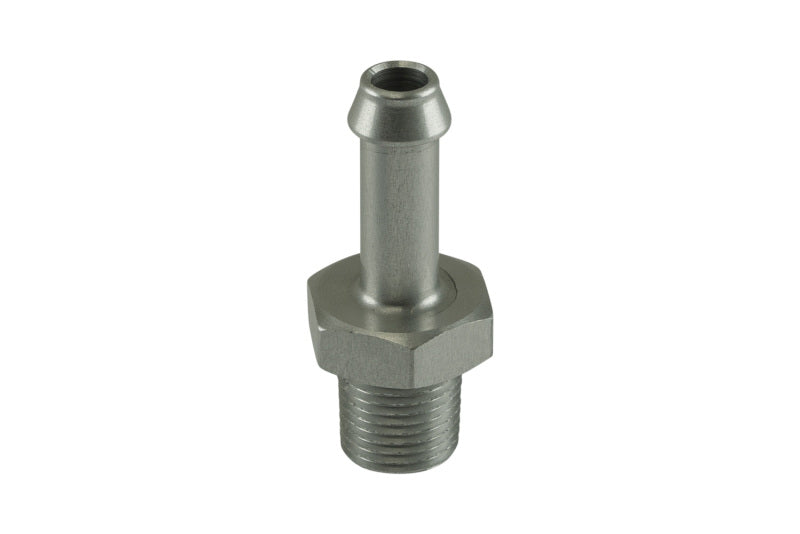 Turbosmart 6mm hose end to 1/8 NPT male straight fitting, clear plastic for automotive fluid connections.
