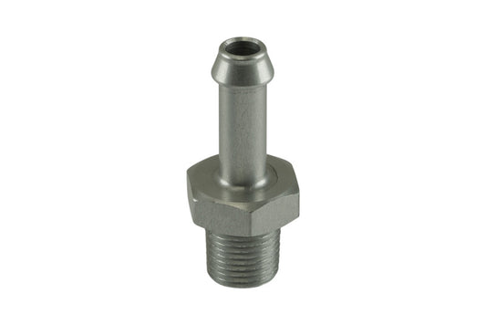 Turbosmart 6mm hose end to 1/8 NPT male straight fitting, clear plastic for automotive fluid connections.