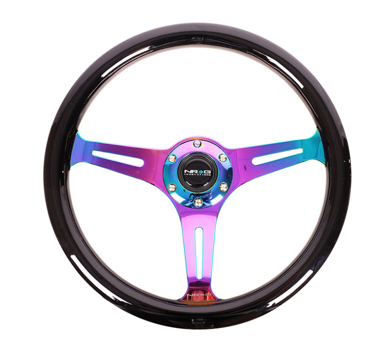 NRG Classic wood grain steering wheel with black paint grip and neochrome 3-spoke center, 350mm diameter for automotive use