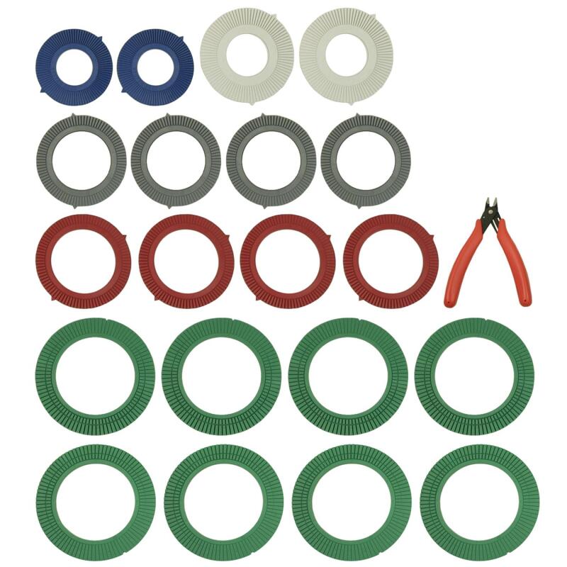 Moog assortment of 8 color-coded wheel alignment shims for suspension and alignment kits, showing various shim sizes and colors.