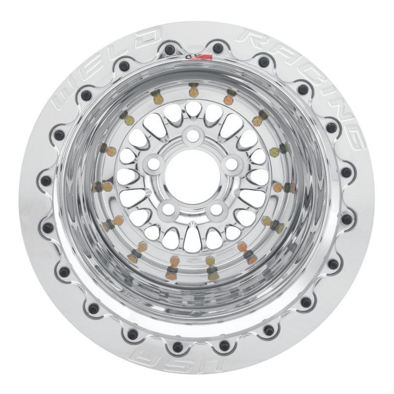Weld forged wheel with polished center, shell, and SBL MT design, 15x10 inch, 5x4.75 bolt pattern, 3.18 hub.