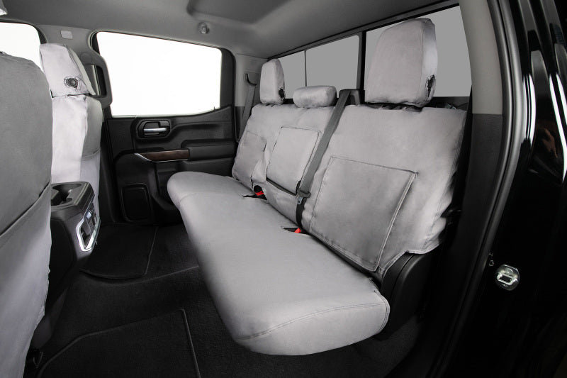 Covercraft grey custom front row seat covers for Nissan NV 2012-2020 made of polycotton material.
