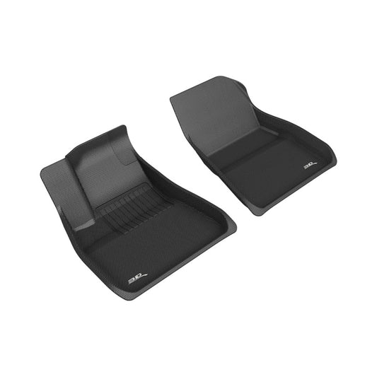 Black 3D MAXpider Kagu rubber floor mat for the first row of 2018-2019 Tesla Model 3, with textured surface and custom fit.