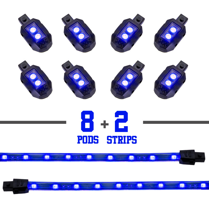 XKGLOW blue LED accent light motorcycle kit with 8 pods and 2 strips, designed for custom lighting and wiring accessories