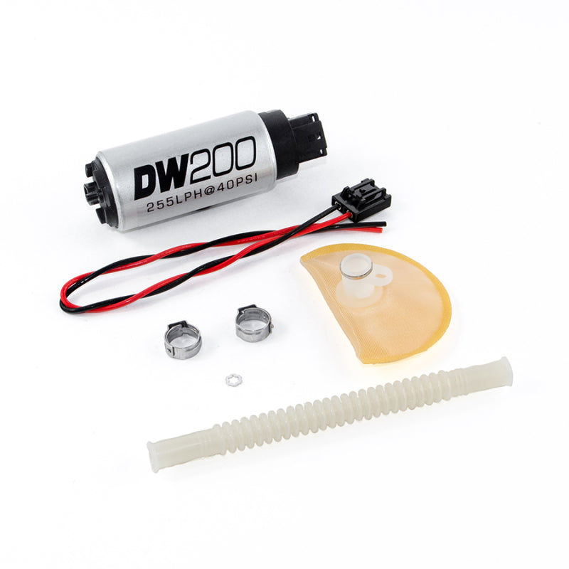 DeatschWerks DW200 in-tank fuel pump for Nissan 370Z and Infiniti G37, includes install kit and detailed components.