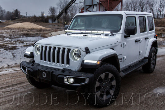 Diode Dynamics Jeep JL Wrangler/Gladiator hood bracket kit for light bars and cubes, shown installed on vehicle's hood.