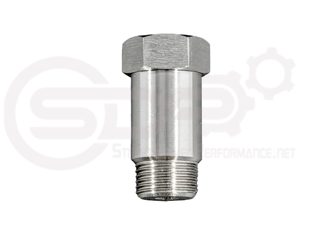 Street Driven Performance SDP exhaust straight O2 sensor restrictor used to optimize oxygen sensor readings in automotive exhaust systems.