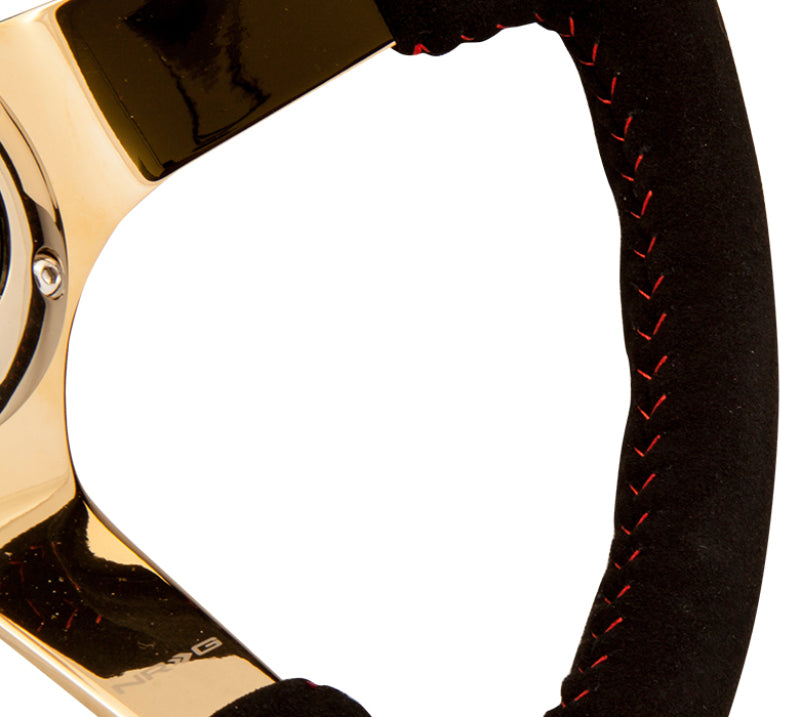 NRG reinforced steering wheel with 350mm black suede grip, red basketball stitching, chrome gold 3-spoke design.
