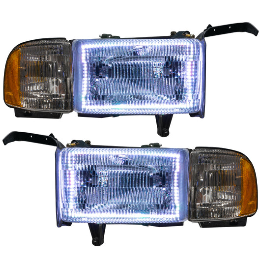 Oracle Dodge Ram 94-02 halo headlights with white LED rings, pre-assembled for easy installation on Dodge Ram trucks.