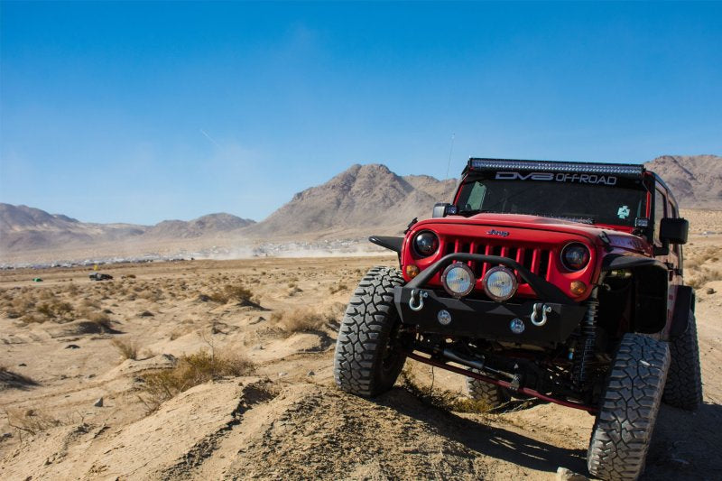 DV8 Offroad Jeep Wrangler JK flat tube fenders for 2007-2018 models, front and rear, with rugged off-road design.