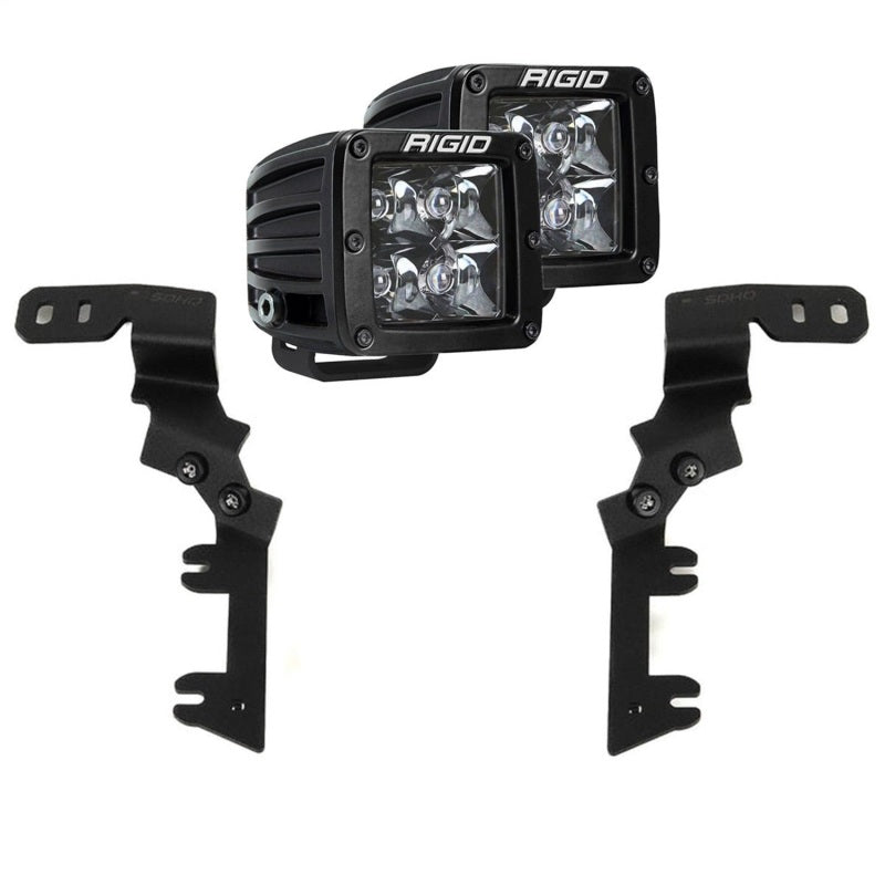 Rigid Industries 23-27 Chevrolet Colorado GMC Canyon D-SRS light bars and cubes installed on a vehicle for off-road lighting.