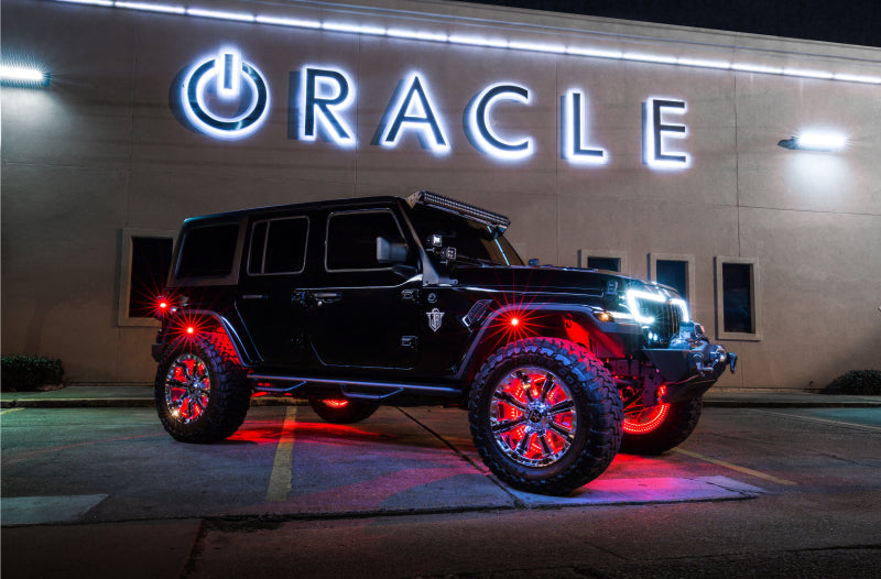 Oracle Lighting LED illuminated wheel rings with ColorSHIFT effect, no remote, showcasing vibrant light strip design for automotive use.