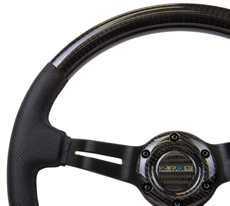 NRG carbon fiber steering wheel with leather trim, black stitching, slit cutout spokes, 350mm diameter, 1.5-inch deep.