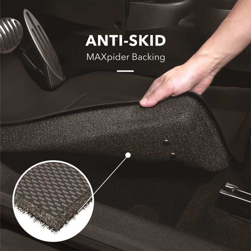 Black 3D MAXpider rubber floor mats for 2019-2023 Genesis G70 RWD, 1st and 2nd row, showing textured surface and precise fit.