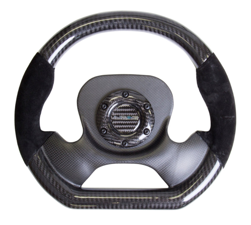 NRG carbon fiber steering wheel with 320mm diameter, CF center plate, two-tone carbon and suede trim handles.