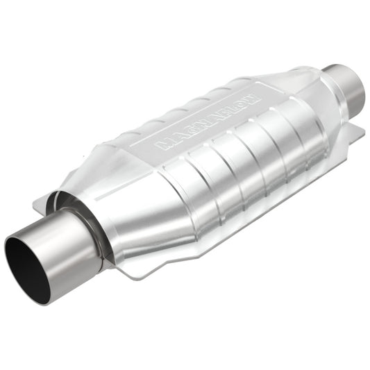 MagnaFlow universal catalytic converter 3-inch T2 rear, automotive exhaust component with metal casing and inlet and outlet pipes.