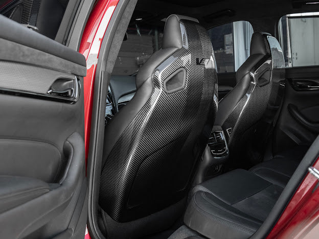 Recaro carbon fiber seat rear panel cover for 2016-2019 Cadillac ATS-V sedan, driver and passenger side, by Street Driven Performance.
