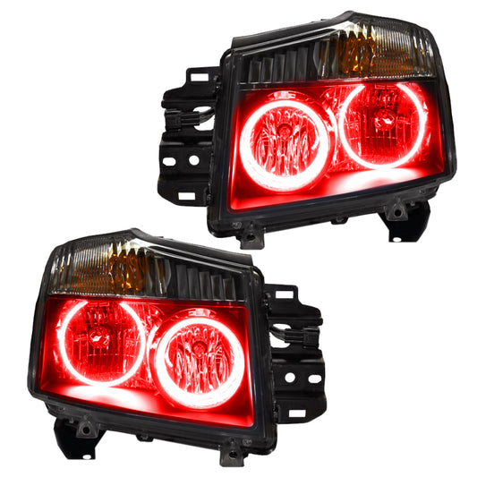 Oracle Lighting Nissan Titan 2008-2015 SMD Headlights with ColorSHIFT and BC1 Controller showing illuminated LED light bars
