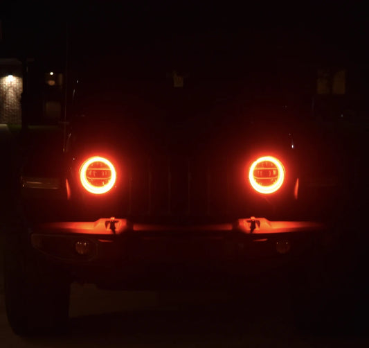 ORACLE Lighting Jeep Wrangler JL and Gladiator JT LED fog light halo kit with surface mount design, showing illuminated halo rings on vehicle.