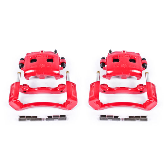Pair of PowerStop front red brake calipers with brackets for Dodge Ram 1500 models 2002-2005, performance brake calipers.
