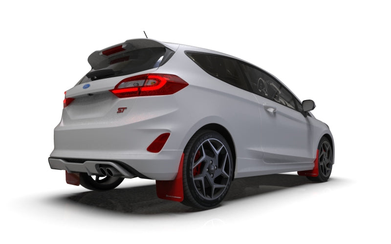 Rally Armor red UR mud flaps with white logo installed on a 2018-2023 Ford Fiesta ST MK8, designed for protection and style