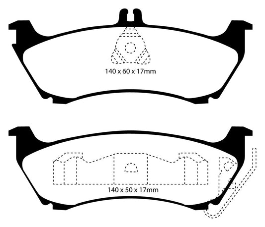 EBC Redstuff rear brake pads for Mercedes-Benz M-Class ML320 3.2, performance brake pads with red friction material.