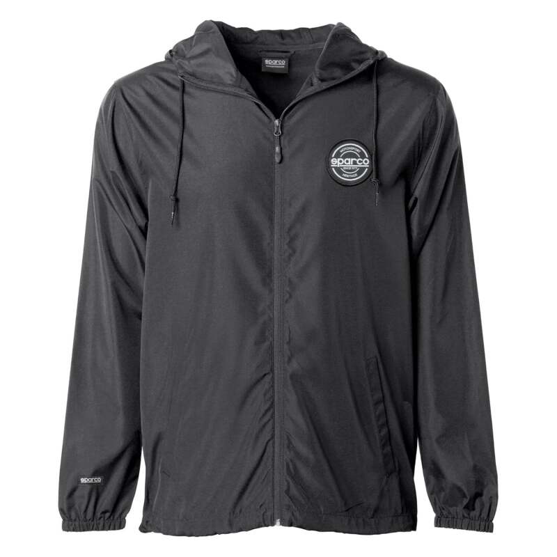 Black Sparco windbreaker jacket with S-Patch logo, lightweight textile material, XS size, suitable for racing or casual wear.