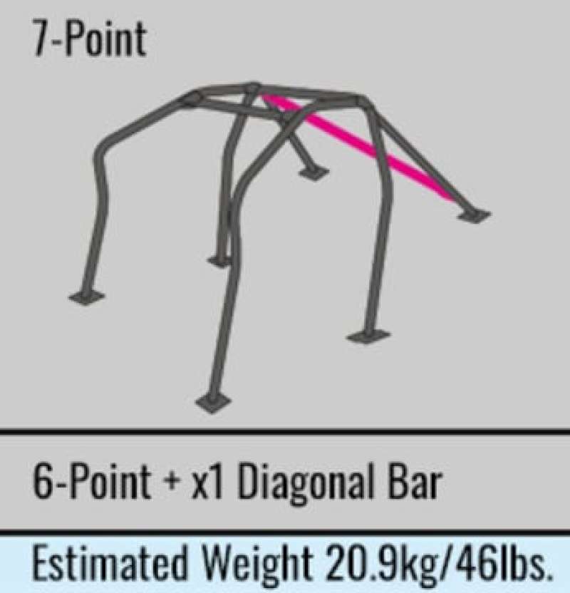 Cusco 7-point chromoly roll cage installed in a Nissan S14 coupe without sunroof, showcasing sturdy metal tubing and mounting points.