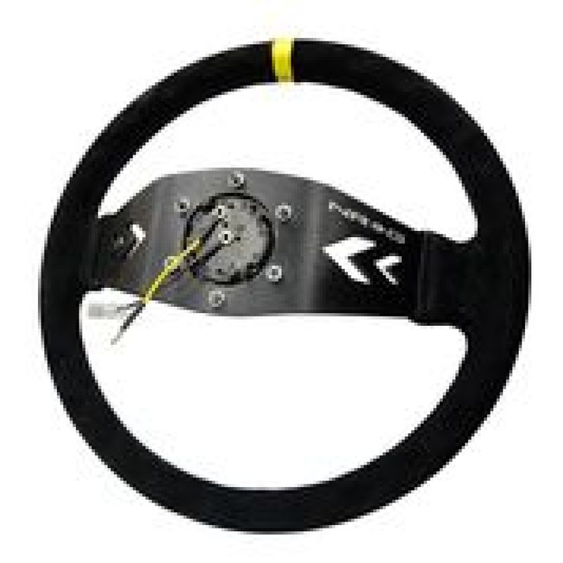 NRG reinforced black suede steering wheel with 350mm diameter, 3-inch deep, yellow mark, arrow cut 2-spoke design.