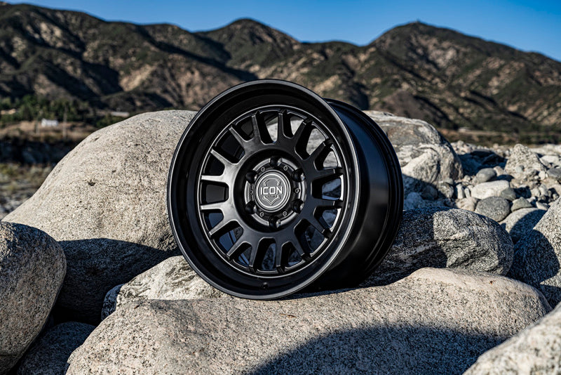 ICON Anza 17x8.5 satin black cast wheel with 6x5.5 bolt pattern, 25mm offset, 5.75-inch backspacing, 95.1mm hub bore.