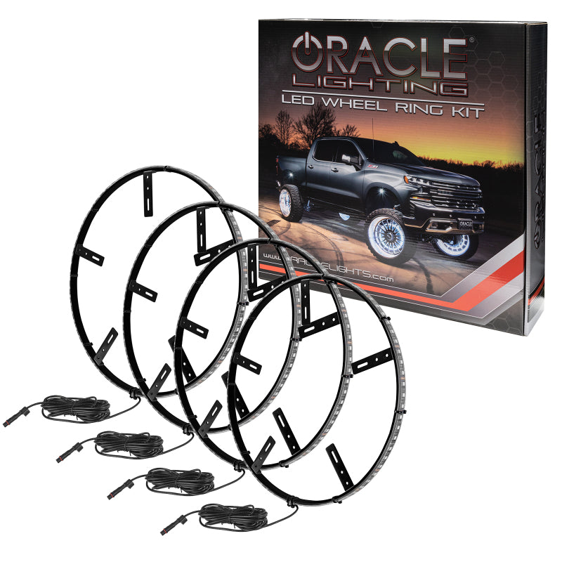 Oracle LED illuminated wheel rings with ColorSHIFT technology, no remote, showcasing vibrant, customizable LED light strips for vehicle wheels.