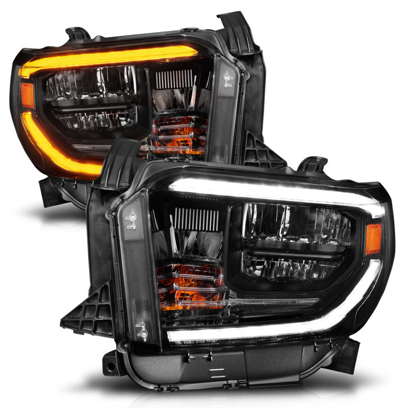 ANZO LED crystal headlights for 2014-2017 Toyota Tundra with switchback black housing and daytime running lights (DRL).