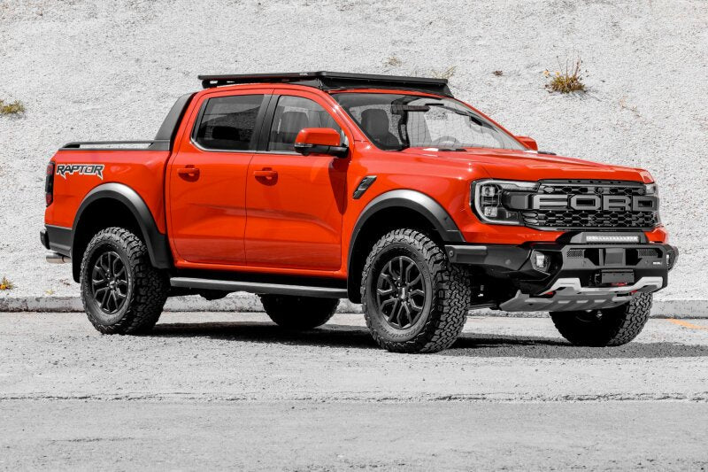 Rival 4x4 aluminum roof rack for Ford Ranger 24-26 and Ranger Raptor, mounted on vehicle roof for cargo transport