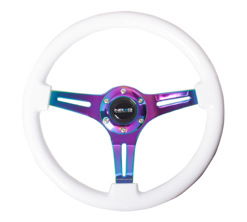 NRG Classic wood grain steering wheel with white paint grip and neochrome 3-spoke center, 350mm diameter.