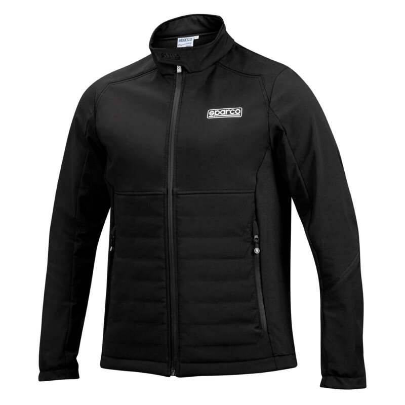 Black Sparco softshell jacket, XS size, featuring a lightweight textile design with a sleek, sporty look.