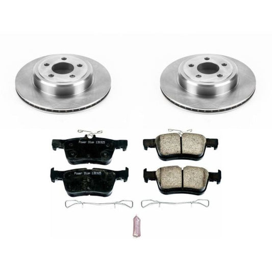 PowerStop rear OE brake kit for Ford Fusion 2013-2019, including brake pads and rotors, installed on vehicle's rear axle