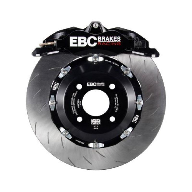 EBC Racing black Apollo-4 front brake calipers with 355mm rotors for Mazda RX-8 in a big brake kit, showing the caliper and rotor setup.