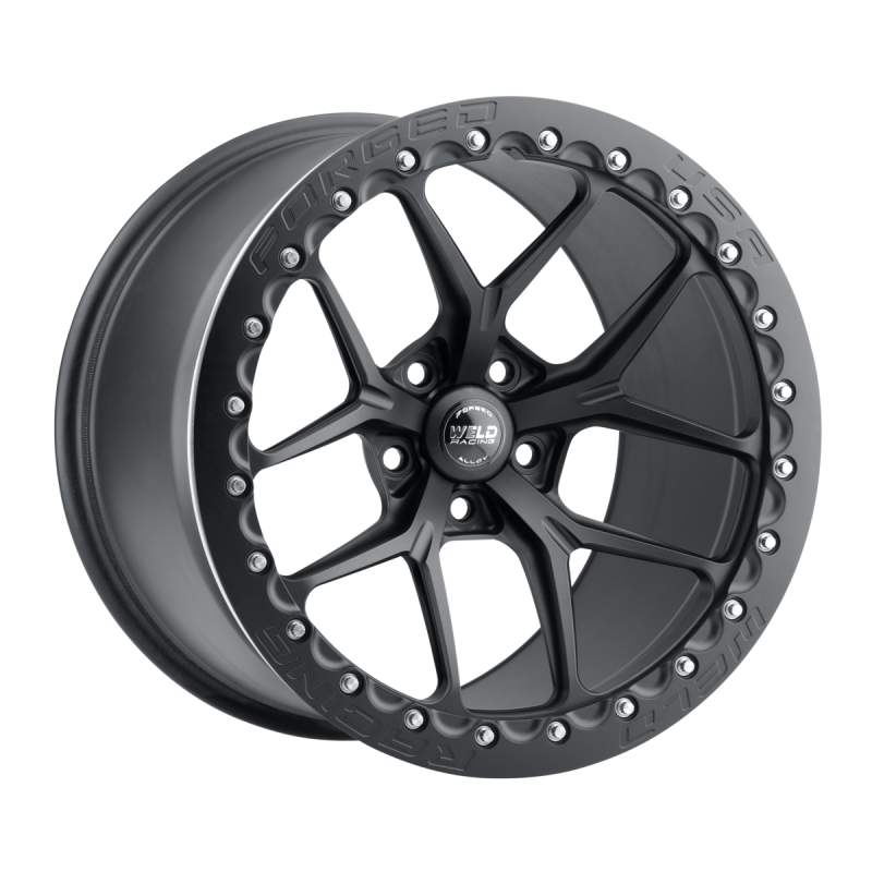 Weld RM105 forged wheel in gloss black, 18x11.5 inches, 5x4.5 bolt pattern, 8.24 BS, 70.7 HB, shown from side angle.
