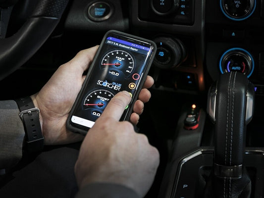 aFe Scorcher Blue Power Module in-line device for 22-25 Ford Bronco Raptor, Bluetooth-capable engine performance upgrade