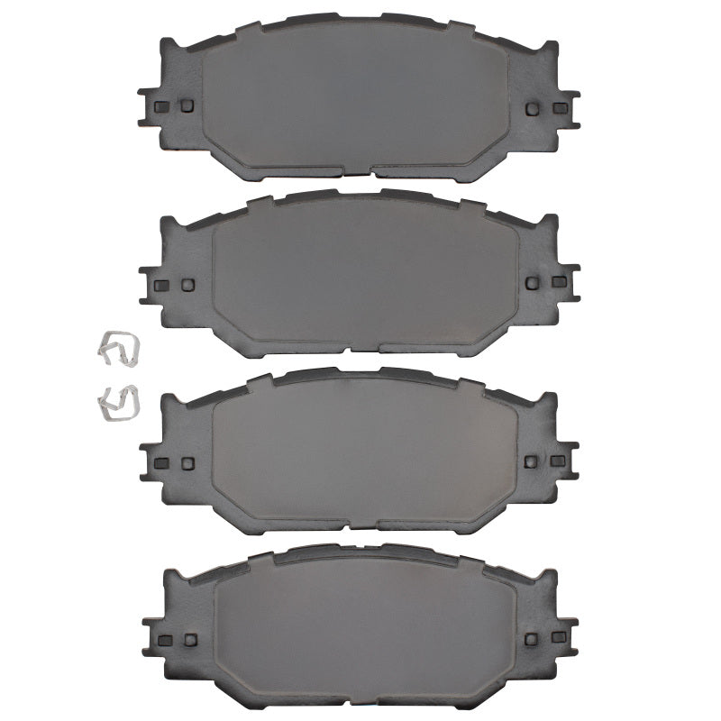 R1 Concepts Lexus IS250 2006-2015 front performance sport brake pads installed on a vehicle, showing the brake pad surface.