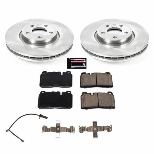 PowerStop OE brake kit for 2013 Audi Q5 front brakes, including rotors and calipers, installed on vehicle.