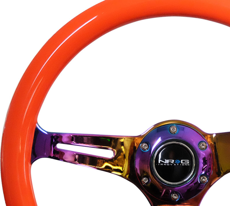 NRG Classic wood grain steering wheel with neon orange color and neochrome spokes, 350mm diameter, for car interior upgrade.