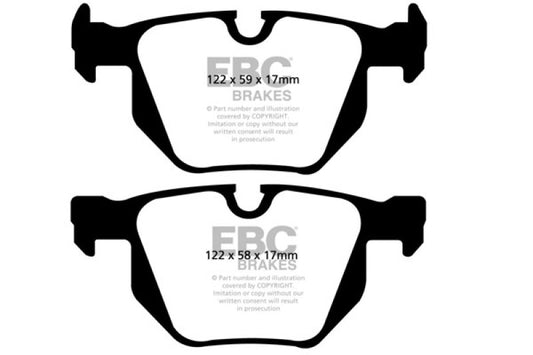 EBC Redstuff rear brake pads for BMW X5 3.0, high-performance brake pads with red friction material for enhanced stopping power.