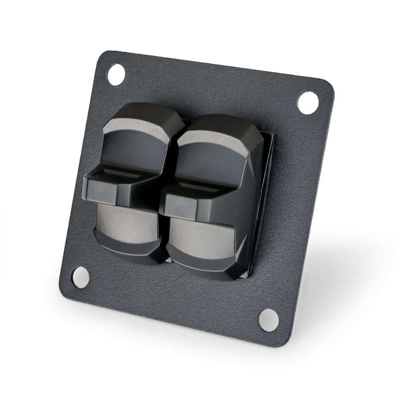 TURN Offroad double Molle lock carling switch plate mounted on offroad vehicle, features hooks and handles for utility and organization.