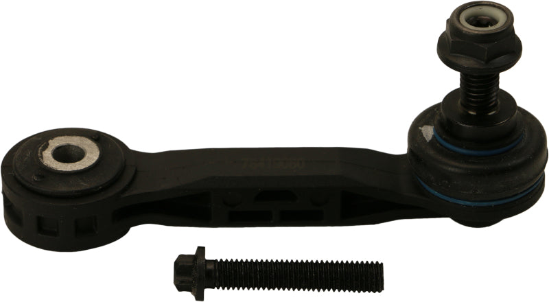 Moog rear sway bar endlink for BMW X1 (2016-2019) showing the metal joint and rubber bushing for suspension stability.