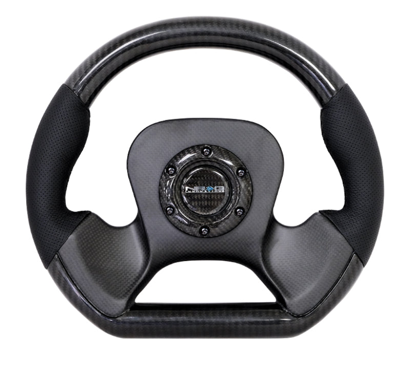 NRG 320mm carbon fiber steering wheel with CF center plate, two-tone carbon and leather trim handles for racing or street use.