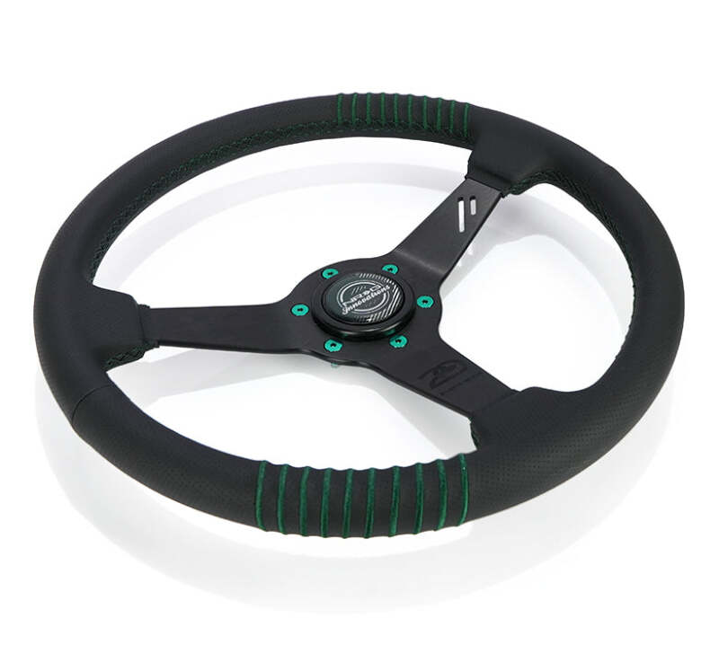 NRG black leather steering wheel with 1.5-inch dish, 350mm size, perforated leather, emerald stitching, reinforced spoke for racing cars