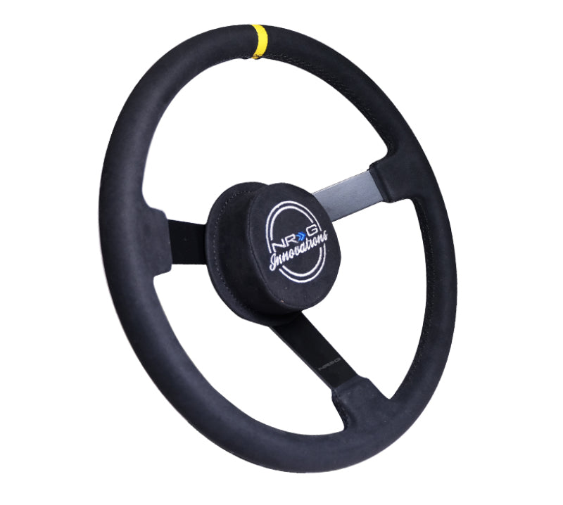 NRG reinforced 380mm Alcantara racing steering wheel with 3 spokes, NRG logo, and removable crushed pad for Nascar-style driving