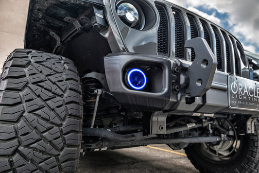 Oracle Lighting Jeep Wrangler JL and Gladiator JT sport LED fog lights with blue high-performance lighting, mounted on the vehicle.